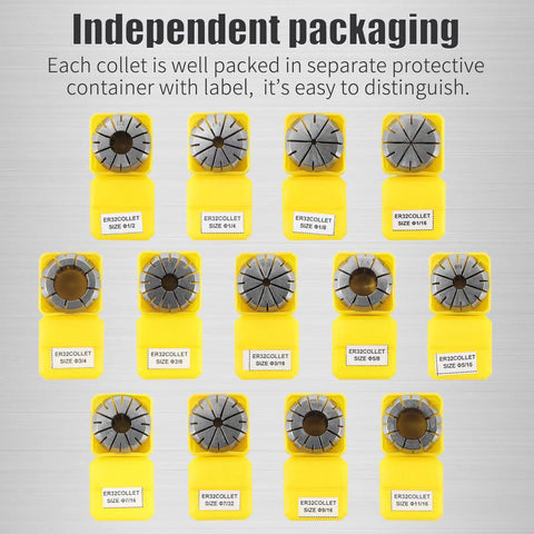 Independent packaging for ER32 Spring Collet Set For CNC Milling And Lathe Tooling, 13 Pcs, 1/16 Inch To 3/4 Inch Range