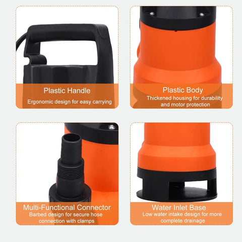 Straight Up Rock Solid Submersible Sump Water Pump With Automatic Float Switch And Heavy Duty Pure Copper Motor showing plastic handle, body, connector, and water inlet.