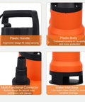 Heavy Duty Submersible Sump Pump With Tough Bottom Suction And Automatic Float Switch To Kick Standing Water Out Of Basements Ponds And Lawns Quickly Powered By A Reliable Pure Copper Motor And Us Plug For Serious Flood Cleanup with plastic handle and connectors.