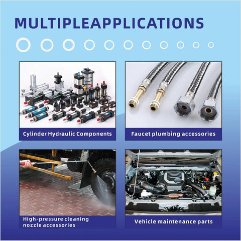 Four images showing applications for 330 Pcs 11 Size Silicone O Ring Kit For Pressure Washer And Compressor Valves Pro Grade VMQ White O Rings