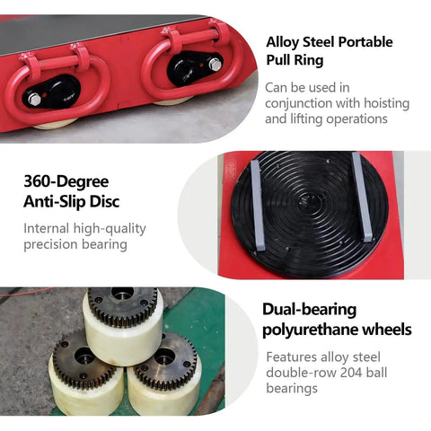 Powerful Heavy Duty Electric Machine Skates With Wireless Remote Control For Moving Massive Gear Loads Up To 25 Tons In Factories And Warehouses, showcasing alloy steel pull ring and polyurethane wheels.