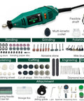 Rotary Tool Kit With Five Speed Settings 10000 To 37000 RPM, includes flexible shaft and 218 accessories for DIY projects.