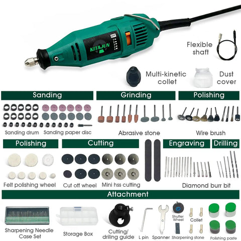 Rotary Tool Kit With Five Speed Settings 10000 To 37000 RPM, includes flexible shaft and 218 accessories for DIY projects.