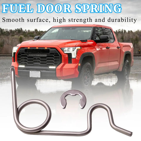 Premium Stainless Steel Fuel Door Spring Fits 2007-2020 Toyota Tundra in front of a red truck with smooth finish.