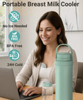 Skip The Ice Pack Struggle Portable Breast Milk Cooler Keeps Fresh Up To 24 Hours Durable Design for Two Bottles, in mint green, BPA free, used by a parent.