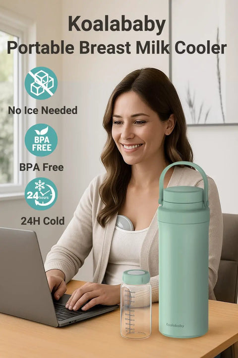 Skip The Ice Pack Struggle Portable Breast Milk Cooler Keeps Fresh Up To 24 Hours Durable Design for Two Bottles, in mint green, BPA free, used by a parent.