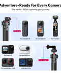 Extendable Mini Camera Tripod With 4 Level Adjustments And 360 Degree Ball Head Cold Shoe Mount For Microphone And LED Light Mount Lightweight Grab And Go Vlog Travel Selfie Stick Handle Grip Desktop Webcam Tripod For DSLR And Action Cameras showing compatibility with various camera models and claw adapter highlights.