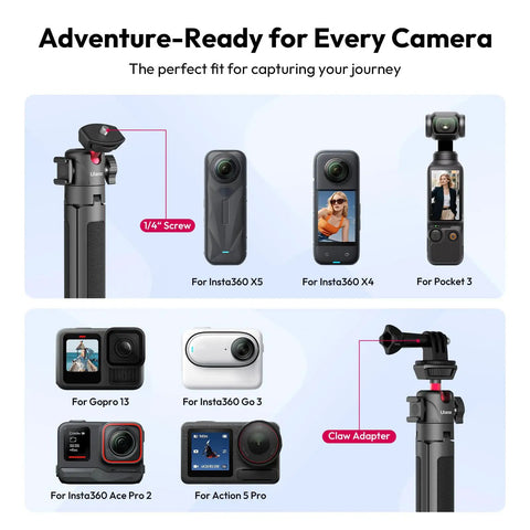 Extendable Mini Camera Tripod With 4 Level Adjustments And 360 Degree Ball Head Cold Shoe Mount For Microphone And LED Light Mount Lightweight Grab And Go Vlog Travel Selfie Stick Handle Grip Desktop Webcam Tripod For DSLR And Action Cameras showing compatibility with various camera models and claw adapter highlights.