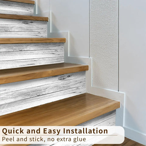 14 Piece Peel And Stick Stair Risers Self Adhesive Vinyl Stickers With Faux Weathered Rustic Wood Look For Easy DIY Staircase Makeover