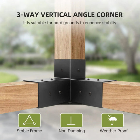 Beefed Up Three Way Right Angle Pergola Brackets Kit For 4x4 Posts shown in use with thick steel and wooden beams outdoors