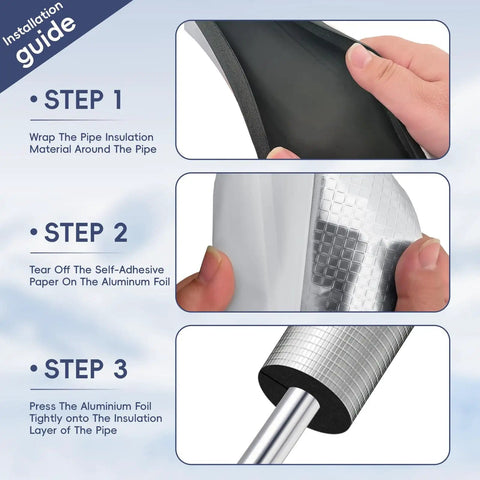 Installation guide for All Weather Self Adhesive Pipe Insulation Tubes 36 Inch Long Outdoor Foam Water Pipe Insulation Kit with Heat Reflective Aluminum Layer Flame Resistant Weatherproof Freeze Protection For Exterior Piping 10 Pieces, showing step-by-step application instructions.