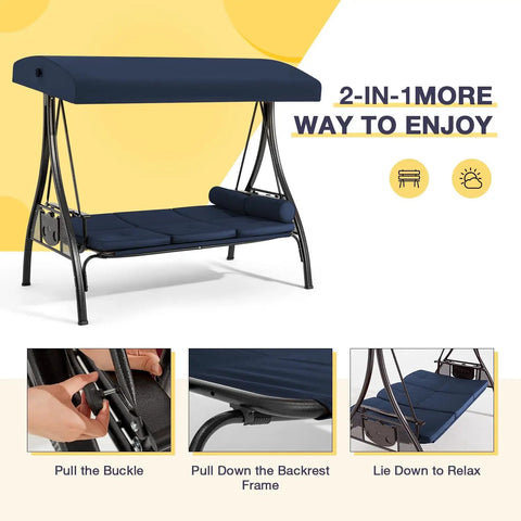 Blue three seat outdoor porch swing with upgraded one and a half inch cup holder comfy adjustable canopy and backrest cushions.