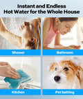 Image showcasing Powerful 14kw Electric Tankless Water Heater Delivers 240v On Demand Instant Heat with shower, bathroom, kitchen, and pet washing.