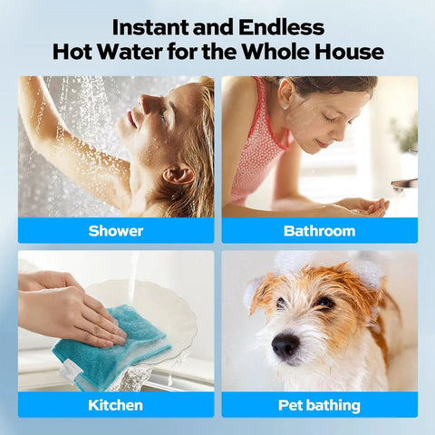 Image showcasing Powerful 14kw Electric Tankless Water Heater Delivers 240v On Demand Instant Heat with shower, bathroom, kitchen, and pet washing.