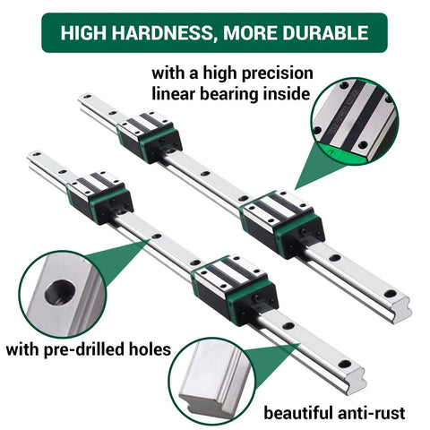 Heavy Duty HGR20 1000mm Linear Guide Rail Kit with 4 HGH20CA blocks for DIY CNC, showing carbon steel rails and bearing details