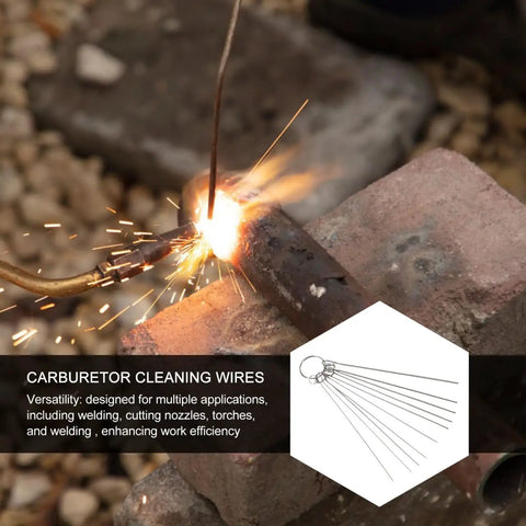 Close-up of Six Piece Stainless Steel Welding Tip Cleaning Needles Set in use for MIG TIG welding on metal surface