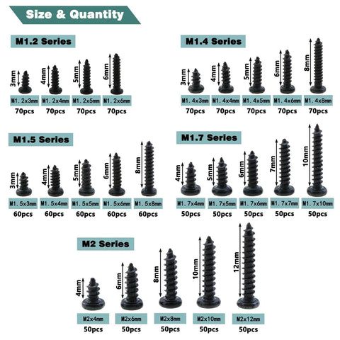 Massive 1430 Piece Black Carbon Steel Miniature Phillips Pan Head Screw Set M1.2 M1.4 M1.5 M1.7 M2 For Electronics Repair chart