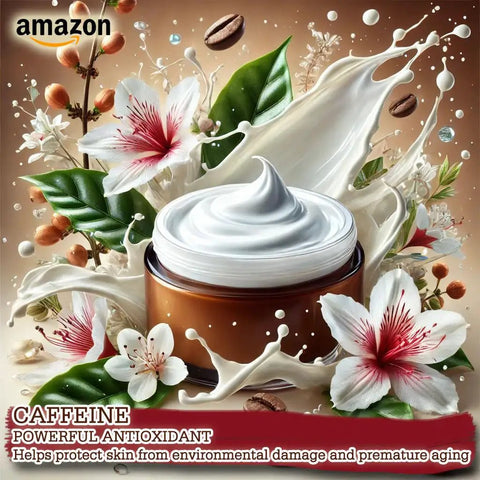 Straight Up Caffeine Powder For Homemade Skincare Creations And DIY Beauty Fixes in a jar with floral backdrop and coffee beans.