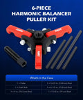 Harmonic Balancer Puller Kit with adjustable three jaw puller, red, displayed with rods and push bolt on blue background.
