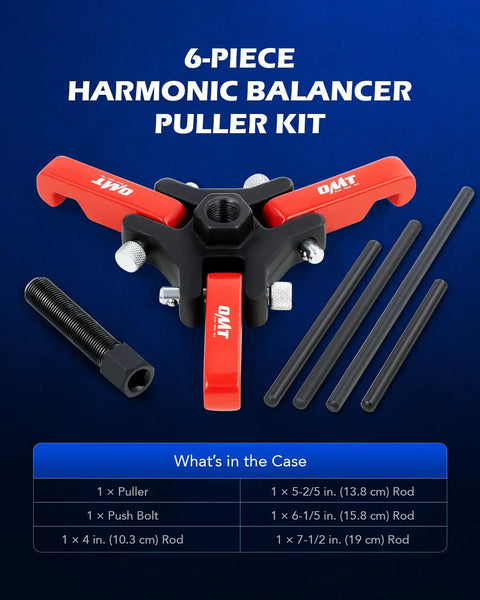 Harmonic Balancer Puller Kit with adjustable three jaw puller, red, displayed with rods and push bolt on blue background.