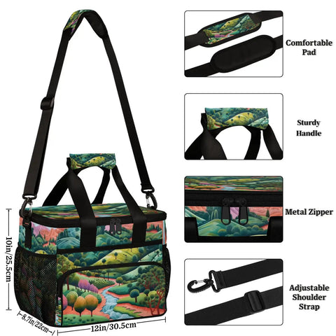 Forest Landscape Insulated Picnic Backpack with large storage, removable shoulder strap, sturdy handle, and metal zipper.
