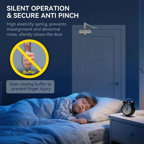 Heavy Duty Automatic Door Closer with Spring Hydraulic Action installed, demonstrating silent operation and safety features in bedroom.