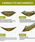 4 models of 3 In 1 Camping Hammock Tent With Mosquito Net And Rainfly for versatile outdoor use, showing hammock configurations.
