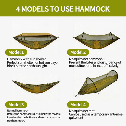 4 models of 3 In 1 Camping Hammock Tent With Mosquito Net And Rainfly for versatile outdoor use, showing hammock configurations.