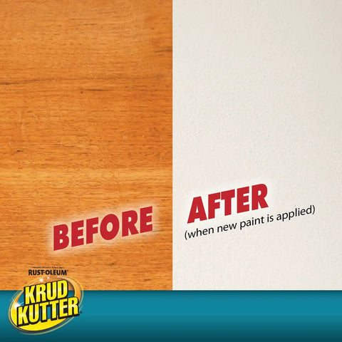Before and after comparison showing effect of No Rinse Prepaint Cleaner And TSP Substitute Spray For Surfaces 32 Oz on wood surface.