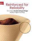 Close-up of Cone Coffee Filters Set Of 3, Natural Brown, 300 Total Best Dang with coffee grounds, showing microfine perforations and double crimp.