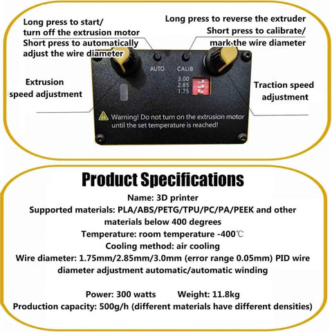 Kickass High Precision Desktop Filament Extruder Machine Rock Solid Auto Coil Winding System features control panel for settings.