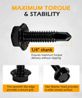 Hot Deal On 50 Black Hex Washer Head Self-Drilling Screws Size 14 Inch X 1 Inch with 1/4 inch shank and secure grip design.