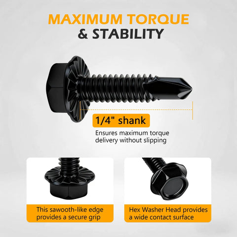 Hot Deal On 50 Black Hex Washer Head Self-Drilling Screws Size 14 Inch X 1 Inch with 1/4 inch shank and secure grip design.