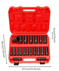 Heavy Duty 20 Piece Impact Socket Set With Case Fits Metric Sizes For Pro Mechanics, Garage DIYers, And Workshop Pros Who Need A Super Durable Chrome Molybdenum Air Tool Kit To Get The Job Done Fast. Red case with metric impact sockets, 8mm to 32mm, shown open.