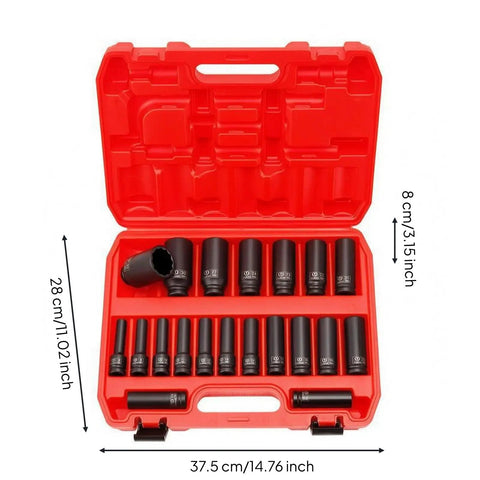 Heavy Duty 20 Piece Impact Socket Set With Case Fits Metric Sizes For Pro Mechanics, Garage DIYers, And Workshop Pros Who Need A Super Durable Chrome Molybdenum Air Tool Kit To Get The Job Done Fast. Red case with metric impact sockets, 8mm to 32mm, shown open.