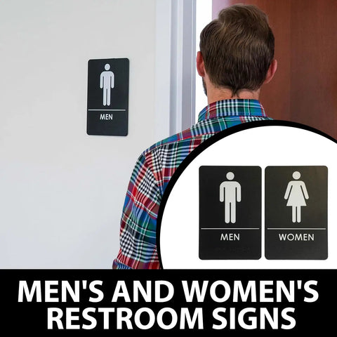 ADA Compliant Restroom Door Signs For Offices, Businesses, And Restaurants, Mens And Womens Bathroom Signs In Black, Durable Plastic