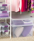 Heavy Duty Clear Plastic Storage Totes With Secure Snap Lock Lids 6 Pack 64 Quart Plus 6 Pack 66 Quart Stackable Bins for closet organization