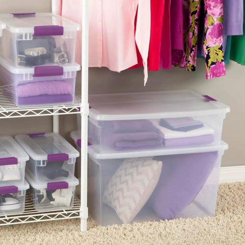Heavy Duty Clear Plastic Storage Totes With Secure Snap Lock Lids 6 Pack 64 Quart Plus 6 Pack 66 Quart Stackable Bins for closet organization