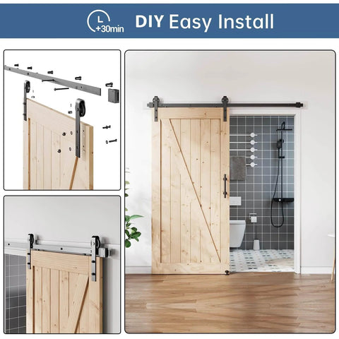 EaseLife Six Point Six Feet Sliding Barn Door Hardware Track Kit And Handle With Industrial Spoke Wheel Pulley Wall Mount Black