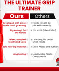 Comparison chart showing the red Grip Trainer For Golf Pro Designed Training Aid with hand grooves and benefits over competitors.