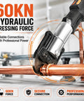 60KN Brushless Cordless Pipe Crimping Tool pressing copper tubing, showcasing professional hydraulic force for reliable connections.