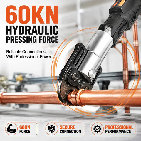 60KN Brushless Cordless Pipe Crimping Tool pressing copper tubing, showcasing professional hydraulic force for reliable connections.