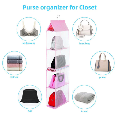 Space Saving Hanging Purse Organizer With Four Compartments For Closet Storage showcasing bags, clothes, and more in pink unit.