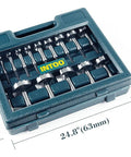 Hex Shank Forstner Bit Set 16 Piece Wood Drill Bit Kit With Multi Sided Shanks in carrying case, shown with dimensions