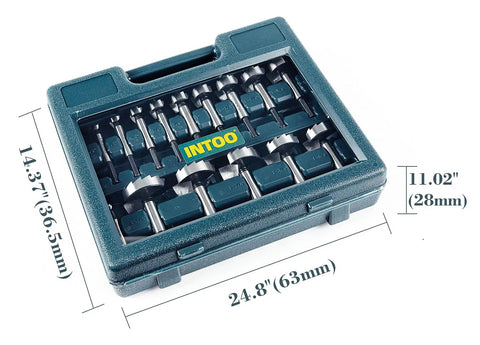 Hex Shank Forstner Bit Set 16 Piece Wood Drill Bit Kit With Multi Sided Shanks in carrying case, shown with dimensions