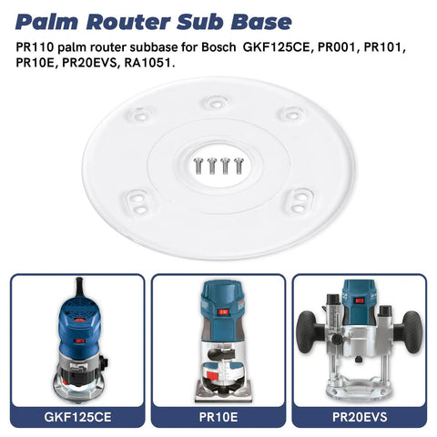 Top Tier Palm Router Subbase Base Plate Secured With Heavy Duty Screws For Bosch And DeWalt Users with clear polycarbonate design.
