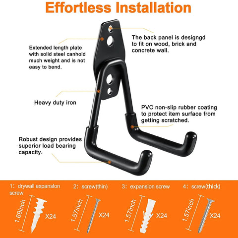 Illustration showing 12 Pack Heavy Duty Steel Garage Hooks With Anti Slip Coating Wall Mount Organizer for tools and hardware.