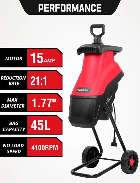 Electric Wood Chipper Shredder For Yard Cleanup That Really Chews Through Branches 21 To 1 Reduction 1.77 Inch Cutting Diameter