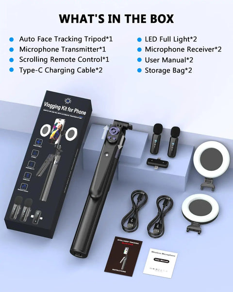 All In One Vlogging Kit For iPhone And Android With 63 Inch Auto Face Tracking Tripod Light Wireless Microphone displayed in box