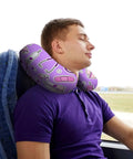 Man using Nurse Pattern Purple U Shape Memory Foam Neck Pillow Travel Pillow For Airplane Car And Home Office Sleeping Super Lightweight Portable Headrest For Super Comfy Neck Support on bus seat